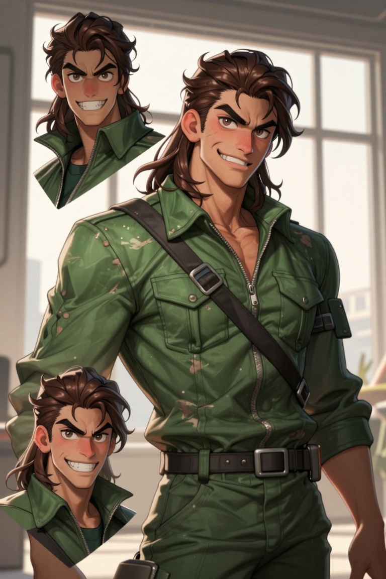 [ Illustration of ] The image depicts a male character with long,  wavy brown hair and a rugged appearance. He is wearing...