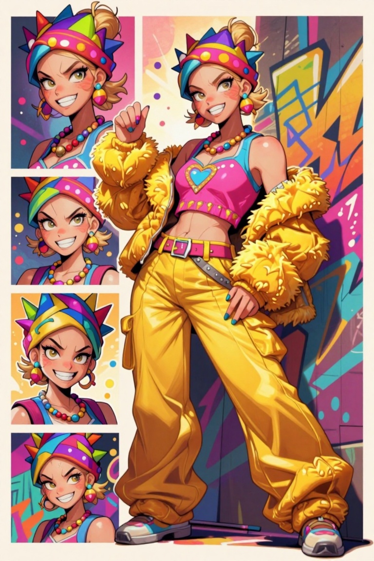 [ Illustration of ] The image shows a woman standing against a colorful graffiti-covered wall. The individual is wearing a...