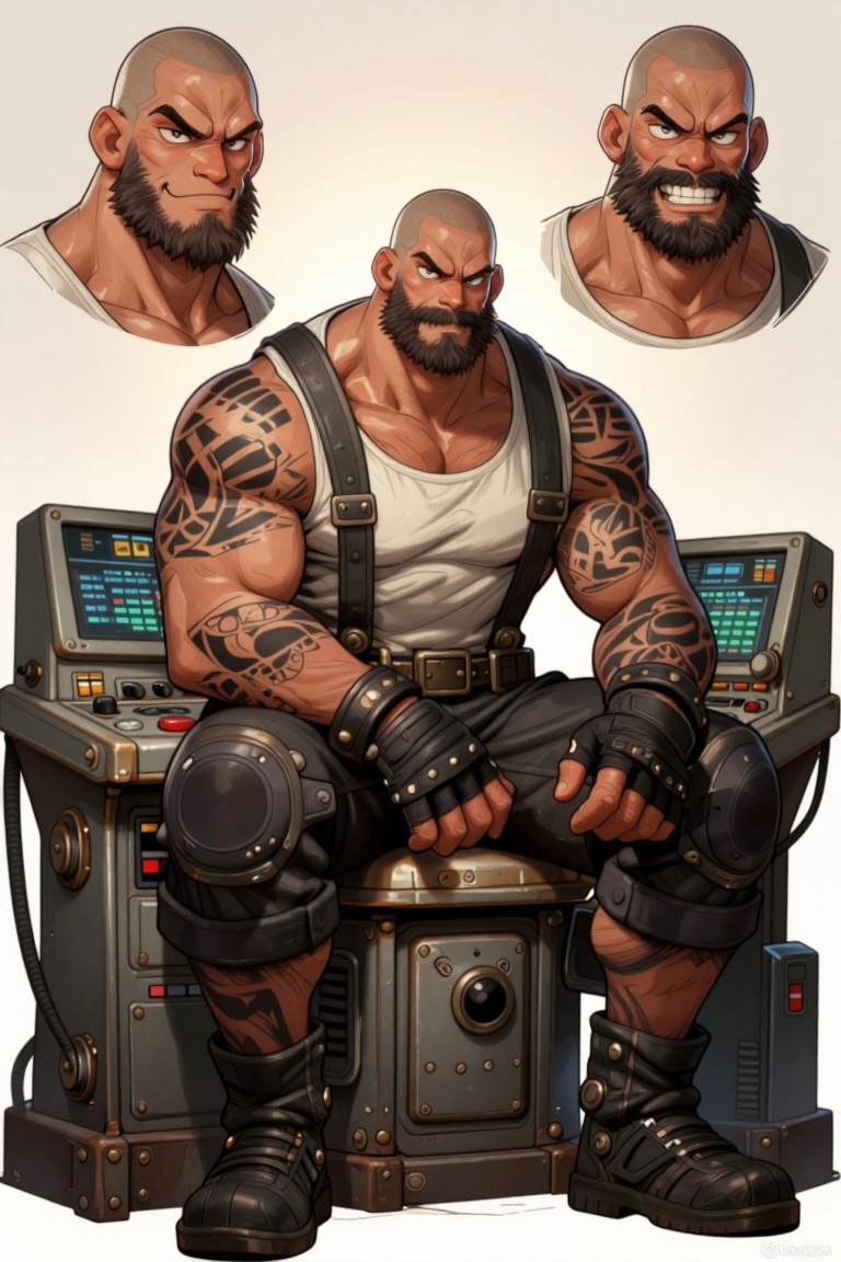 [ Illustration of ] The image depicts a muscular man with a bald head and a thick beard,  wearing a white **** top and dar...