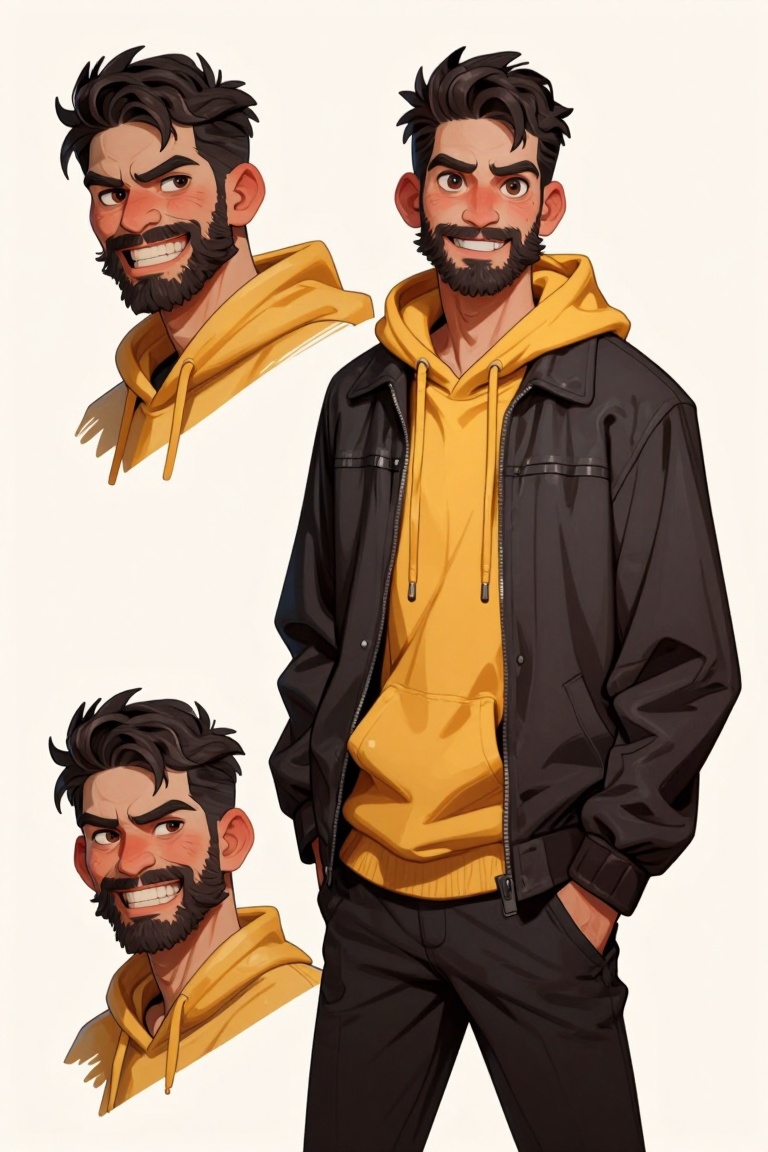 [ Illustration of ] The image shows a man wearing a dark jacket over a yellow hoodie. The person has dark hair and a neatl...