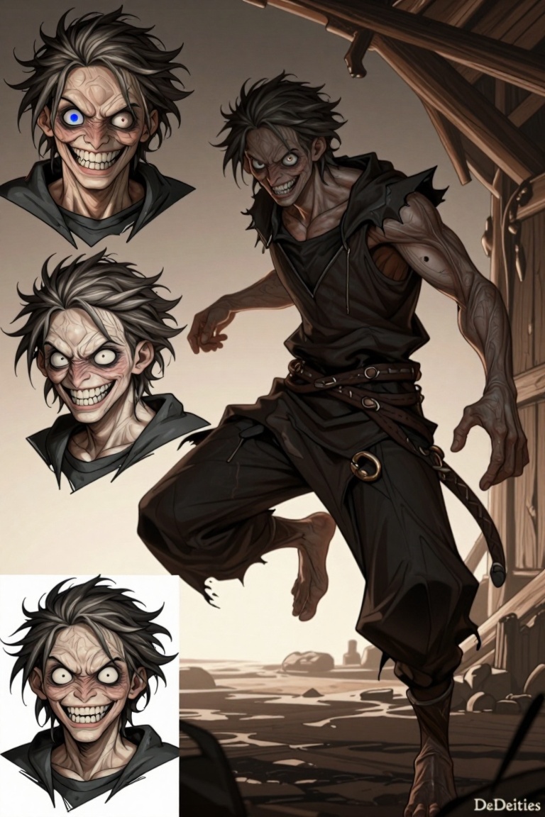 [ Illustration of ] The image depicts a character with disheveled,  wild hair and a grotesque,  exaggerated face. The char...