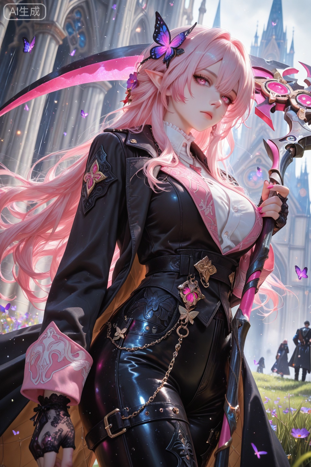 castorice\(honkaistar rail\)\(scythe\),castorice \(honkai: star rail\),pointy ears,large breasts,long hair,pink hands,pink hair,hair ornament,hair flower,purple butterfly,yuedong,castorice\(honkai:star rail\),1girl,solo,pointy ears,purple eyes,hair ornament,long hair,flower,butterfly,multicolored hair,multicolored hair,Depth of field,((light particles)),lens flare,(artist: quasarcake:0.8),extreme aesthetic,(warp:0.6),masterpiece,best quality,good quality,new,year 2024,year 2023,very aesthetic,absurdres,Visual force,Electromotive perspective composition,A shot with HD,ultra K-high,quality masterpiece resolution,emotionalization masterpiece,unconventional supreme,masterful details,with a high-end texture,in the style of fashion photography,(Visual impact:1.2),giving the poster a dynamic and visually striking appearance,impactful picture,official art,colorful,splash of color,((movie perspective)),masterpiece,best quality,amazing quality,very aesthetic,absurdres,best quality,new,best quality,1girl,solo,(cowboy_shot:1.4),(close-up:1.2),looking at viewer,dynamic angle,(solo focus:1.2),(face focus:1.3),(eyes focus:1.4),wallpaper,incredibly absurdres,depth_of_field,blurry foreground,looking_at_viewer,gradient eyes,bishoujo,pink hair,gradient hair,pink eyes,pupils,butterfly,bandage,flowers,((holding a scythe)),standing,indifferent,flying butterflies,purple flowers,beautiful,glowing flowers and butterflies,day,rain,(((cathedral))),flowers,grass,graceful posture,(detailed light),((Light particle in hand)),Light particle surrounds,(((Light particle chain))),beautiful detailed glow,pink_nails,shirt,collared_shirt,Rococo-style shirt,Black western-style vest,combat_boots,High-top leather boots,black leather boots,Black-lace_gloves,lace-trimmed_gloves,frilled_collar,cross_necklace,Western-style leather pants,pants,black pants,pants_tucked_in,European-style overcoat,leather,Coachman's overcoat,overcoat,British Retro,black overcoat,Golden edge pattern,cleric,Grand Background,
