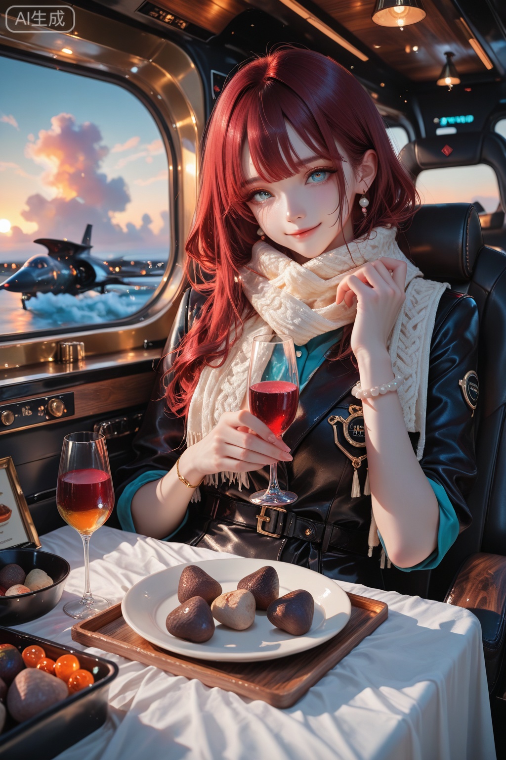 1girl, solo, looking at viewer, content smile, soft bangs, sparkling blue eyes, cashmere lounge set (cream color), silk scarf draped loosely, holding champagne flute (cristal glass, amber wine), reclining on premium leather seat (first class cabin), diamond bracelet, pearl earrings, soft waves hair style, private jet interior (wood paneling, gold accents), serving trolley with gourmet meal (caviar, truffle, dessert), dining table with linen tablecloth, sunset view through oval window (cloud panorama), gold rim porcelain plates, ambient cabin lighting, blurred flight attendant in background,masterpiece,best quality,high quality,chromatic_aberration,light,(colorful:0.5),fair_skin,very aesthetic,absurdres,amazing quality,(aestivation:0.4),(nasii:0.4),(toosaka asagi:0.4),(atdan:0.4),yoneyama_mai,(artist:quasarcake:0.8),(iumu:0.72),(wlop:0.72),96YOTTEA,Konya Karasue, //, depth of field,detailed light,blurry background,best shadow,cinematic lighting,ray tracing, ultra detailed, newest,in the style of fashion photography,dynamic, dynamic force picture