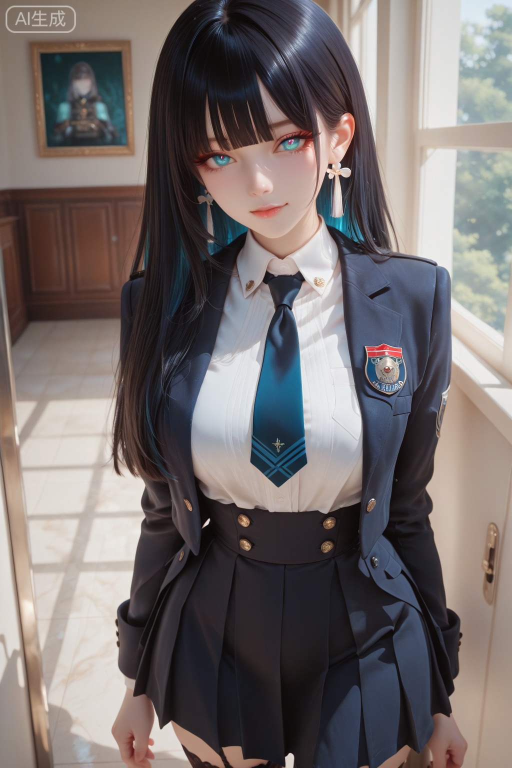 Top quality, elegant eyes, graceful and captivating, protagonist: - One elegant girl - Student Council President - Dignified student - Elegant Beauty - Elegance Girl - Proper and gentle lady - Noble Student - Noble Role - Elegant girl - Model Student: Characteristic Eyes - Heterochromia - Red and Blue Eyes - Eyes of Different Colors - Noble gaze - A mysterious gaze - Elegant pupils - Mesmerizing gaze - Clear iris - A solemn gaze - Pure gaze Haircut: - Princess Cut - Princess hair style - Straight black hair - Front bang - Perfect Trim - Glossy hair strands - Traditional hairstyles - Elegant Hairstyle - Classic Japanese Hairstyles - Dignified Hairstyle Uniforms and Attire: - Neat uniform - Perfect Pressing - Black stockings - knee-length skirt - A white shirt - Formal coat - Neatening the tie - Clean collar - Polish the shiny shoes - Neat and Proper Manner and Demeanor: - Elegant posture - Correct posture - Solemn posture - Elegance in Motion - Elegance in movement - Noble temperament - Elegance and grace - Gentle smile - Proper manners - Steady Attitude Student Union Elements: - Student Union Badge - Leadership charisma - Folder - Student Union Badge - Official documents - Meeting Minutes - Authoritative presence - serious expression - Sense of responsibility - Formal Aesthetic: Background Environment - Student Union Office - Library - Official Conference Room - School corridor - Classic architecture - Prestigious University Environment - Elegant interior - Clean background - Production environment - Academic Atmosphere Lighting and Effects: - Soft natural light - Soft Window Light - Elegant Shadow - Delicate light - Clear atmosphere - The eyes shine - Hair luster - Fine rendering - Clear and bright - Elegance Effect: Detailed Depiction - Delicate stockings - Neat pleats - Hair reflection - Eye details - Smooth skin - Fabric texture - Neat accessories - Clean and efficient - delicate facial features - Graceful Shadows