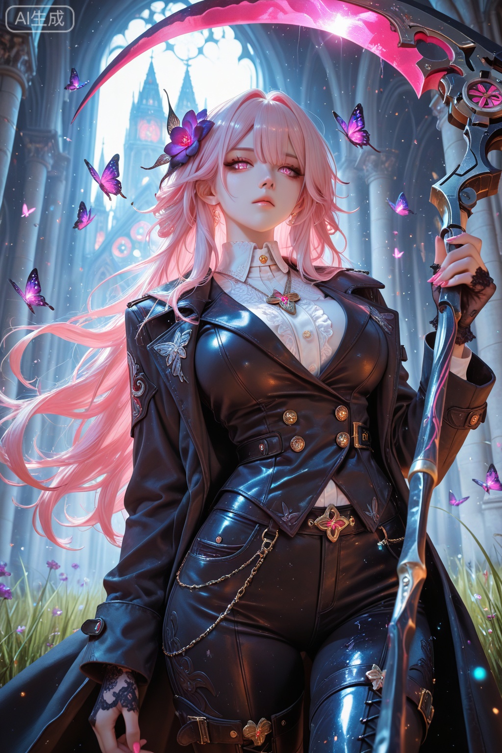 castorice\(honkaistar rail\)\(scythe\),castorice \(honkai: star rail\),pointy ears,large breasts,long hair,pink hands,pink hair,hair ornament,hair flower,purple butterfly,yuedong,castorice\(honkai:star rail\),1girl,solo,pointy ears,purple eyes,hair ornament,long hair,flower,butterfly,multicolored hair,multicolored hair,Depth of field,((light particles)),lens flare,(artist: quasarcake:0.8),extreme aesthetic,(warp:0.6),masterpiece,best quality,good quality,new,year 2024,year 2023,very aesthetic,absurdres,Visual force,Electromotive perspective composition,A shot with HD,ultra K-high,quality masterpiece resolution,emotionalization masterpiece,unconventional supreme,masterful details,with a high-end texture,in the style of fashion photography,(Visual impact:1.2),giving the poster a dynamic and visually striking appearance,impactful picture,official art,colorful,splash of color,((movie perspective)),masterpiece,best quality,amazing quality,very aesthetic,absurdres,best quality,new,best quality,1girl,solo,(cowboy_shot:1.4),(close-up:1.2),looking at viewer,dynamic angle,(solo focus:1.2),(face focus:1.3),(eyes focus:1.4),wallpaper,incredibly absurdres,depth_of_field,blurry foreground,looking_at_viewer,gradient eyes,bishoujo,pink hair,gradient hair,pink eyes,pupils,butterfly,bandage,flowers,((holding a scythe)),standing,indifferent,flying butterflies,purple flowers,beautiful,glowing flowers and butterflies,day,rain,(((cathedral))),flowers,grass,graceful posture,(detailed light),((Light particle in hand)),Light particle surrounds,(((Light particle chain))),beautiful detailed glow,pink_nails,shirt,collared_shirt,Rococo-style shirt,Black western-style vest,combat_boots,High-top leather boots,black leather boots,Black-lace_gloves,lace-trimmed_gloves,frilled_collar,cross_necklace,Western-style leather pants,pants,black pants,pants_tucked_in,European-style overcoat,leather,Coachman's overcoat,overcoat,British Retro,black overcoat,Golden edge pattern,cleric,Grand Background,