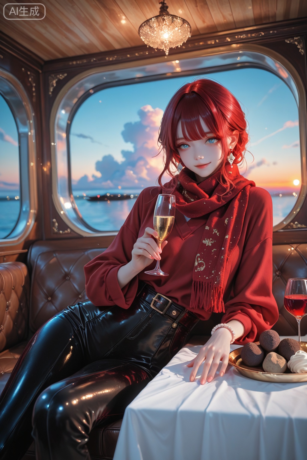 1girl, solo, looking at viewer, content smile, soft bangs, sparkling blue eyes, cashmere lounge set (cream color), silk scarf draped loosely, holding champagne flute (cristal glass, amber wine), reclining on premium leather seat (first class cabin), diamond bracelet, pearl earrings, soft waves hair style, private jet interior (wood paneling, gold accents), serving trolley with gourmet meal (caviar, truffle, dessert), dining table with linen tablecloth, sunset view through oval window (cloud panorama), gold rim porcelain plates, ambient cabin lighting, blurred flight attendant in background,masterpiece,best quality,high quality,chromatic_aberration,light,(colorful:0.5),fair_skin,very aesthetic,absurdres,amazing quality,(aestivation:0.4),(nasii:0.4),(toosaka asagi:0.4),(atdan:0.4),yoneyama_mai,(artist:quasarcake:0.8),(iumu:0.72),(wlop:0.72),96YOTTEA,Konya Karasue, //, depth of field,detailed light,blurry background,best shadow,cinematic lighting,ray tracing, ultra detailed, newest,in the style of fashion photography,dynamic, dynamic force picture