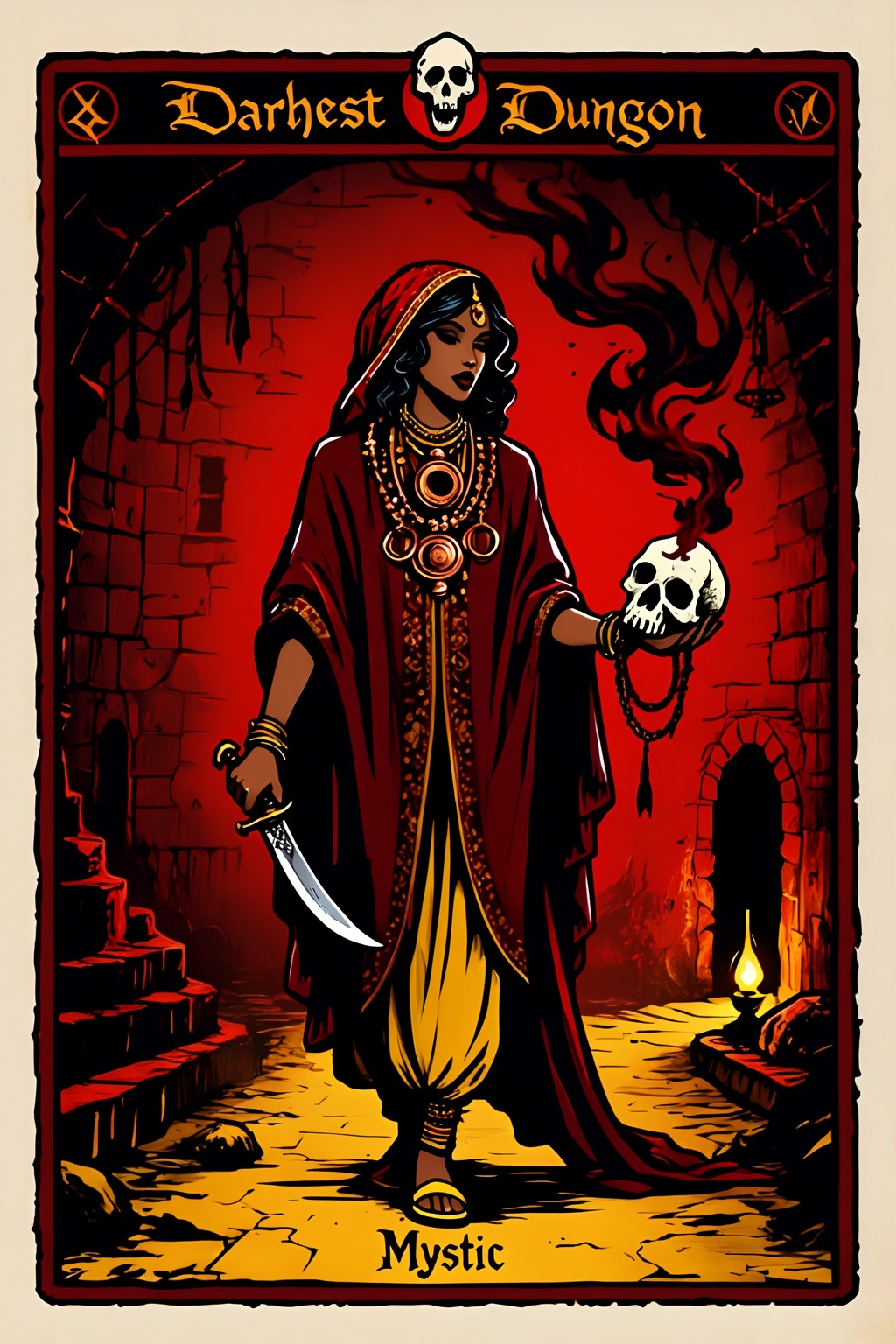This is a tarot card depicting an occultist from the Cthulhu-style game Darkest Dungeon. At the bottom of the tarot card,...