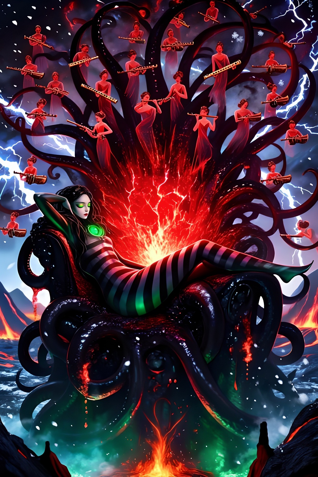 A beautiful queen reclined languidly on a throne formed of tentacles. One hand cradled her head,  her eyes half-closed. A...