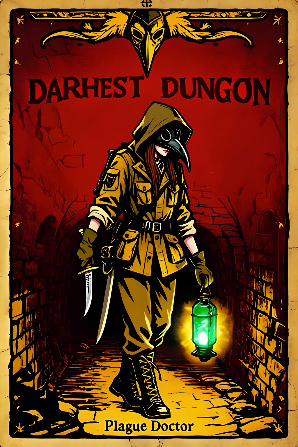 This is a tarot card depicting the Plague Doctor from the Cthulhu-style game,  Darkest Dungeon. At the bottom of the tarot...