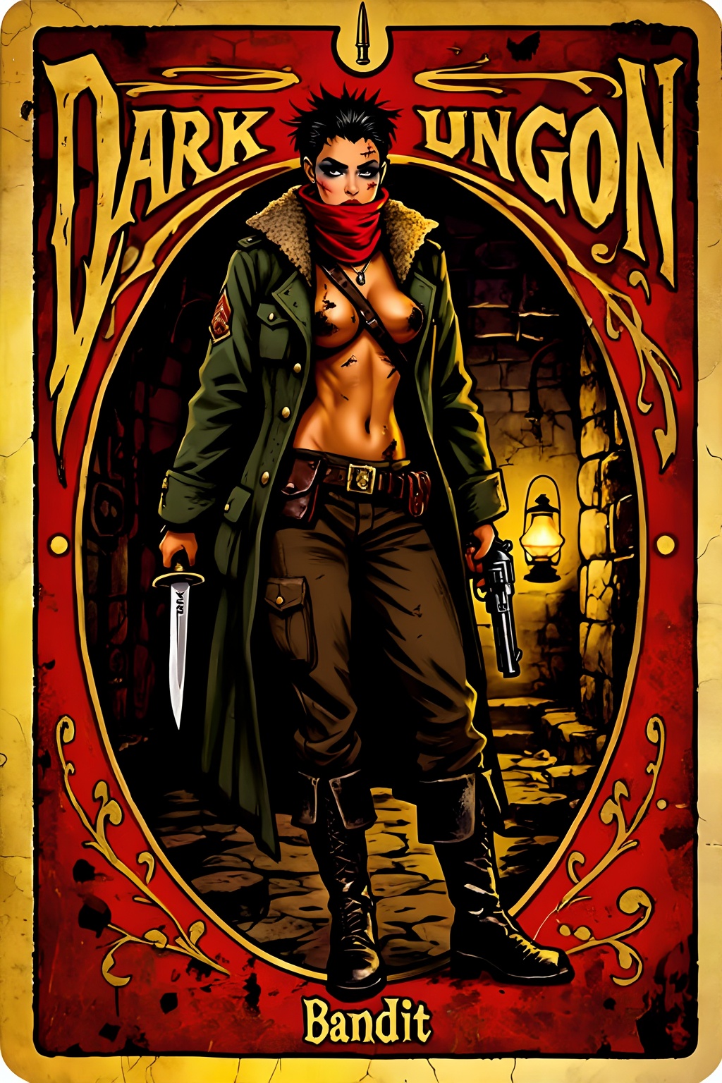 Top quality,  ranked number one,  inspired by the Dark Dungeon. This is a Tarot card depicting a bandit from the Cthulhu-t...