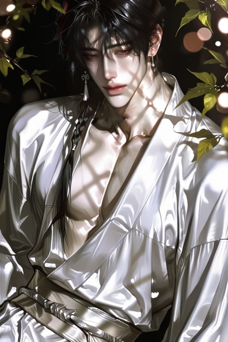 1 man,  long black hair,  small thin braid on one side in front on Tensor.Art