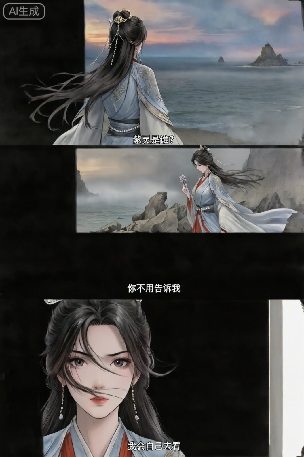LDS画风, nangongwan,一张具有电影感的竖版三宫格胶片组图。
整体背景与氛围： 这是一个广阔、荒芜且充满神秘感的东方古典世界边缘。傍晚时分,一片寂静无人的古老海域岸边,天空呈现出奇异而清冷的色彩,海面上弥漫着淡淡的雾气,远处有若隐若现的孤岛轮廓。苍凉的海风吹拂,营造出一种在漫长未知旅途中独自探索的孤寂与清冷氛围。

人物主体： 南宫婉伫立在这片天地间,她身着一袭淡蓝与朱红相间的古风华服,衣上绣有精致的云纹图案,腰间系着珍珠腰带。她乌发高挽,点缀着金色发饰与银链垂坠,耳畔挂着细长珠串。整体线条流畅,衣袂在风中翻飞,展现出一种优雅而冷艳、不食人间烟火的气质。

分镜构图： 画面从上至下合成为三宫格。 第一格（近景背影）： 她面向浩瀚且迷雾重重的海面,狂风吹乱了她的发丝,发丝在空中凌乱飞舞。画面添加字幕：“紫灵是谁？” 第二格（中景侧身）： 她侧身站在岸边嶙峋风化的礁石旁,低头看向手中不知名的花朵,神情若有所思。风继续吹动她的头发和衣摆。画面添加字幕：“你不用告诉我” 第三格（大特写）： 她的脸部位于画面偏左侧,眼神坚定而深邃地望向画外,凌乱的发丝拂过脸颊。画面添加字幕：“我会自己去看”

光影与质感： 整体采用富士胶片效果,色调偏冷且清冷,带有轻微的过度曝光。使用柔和的漫射光,高光区域自然晕化,暗部的礁石和衣物细节保留完整,无明显硬边阴影。
