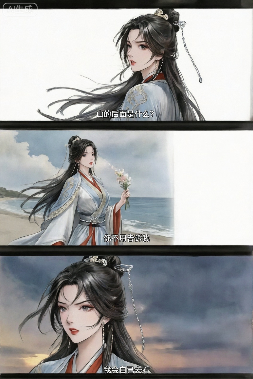 LDS画风, nangongwan,南宫婉身着一袭淡蓝与朱红相间的古风华服,衣上绣有精致的云纹图案,腰间系着珍珠腰带。她乌发高挽,点缀着金色发饰与银链垂坠,耳畔挂着细长珠串。整体线条流畅,衣袂飘逸,展现出一种优雅而冷艳的气质。一组三宫格胶片质感艺术感写真图,场景为海边沙滩、天空、傍晚。第一张为近景,南宫婉上半身背影,风吹起头发,发丝凌乱,添加中英字幕“山的后面是什么? ”第二张为中景,南宫婉侧身站立于海边,看向手中的花,风吹起头发,发丝凌乱,添加中英字幕“你不用告诉我” 第三张为大特写,南宫婉脸部位于画面偏左侧,风吹起头发,发丝凌乱,添加中英字幕“我会自己去看”整体色调清冷,带有富士胶片效果,过度曝光,画面色调偏冷,暗部细节保留完整,高光区域呈现自然晕化、均采用柔和漫射光,无明显硬边阴影,营造出文艺且充满自我探索情绪的氛围,三张图合成一个三宫格,