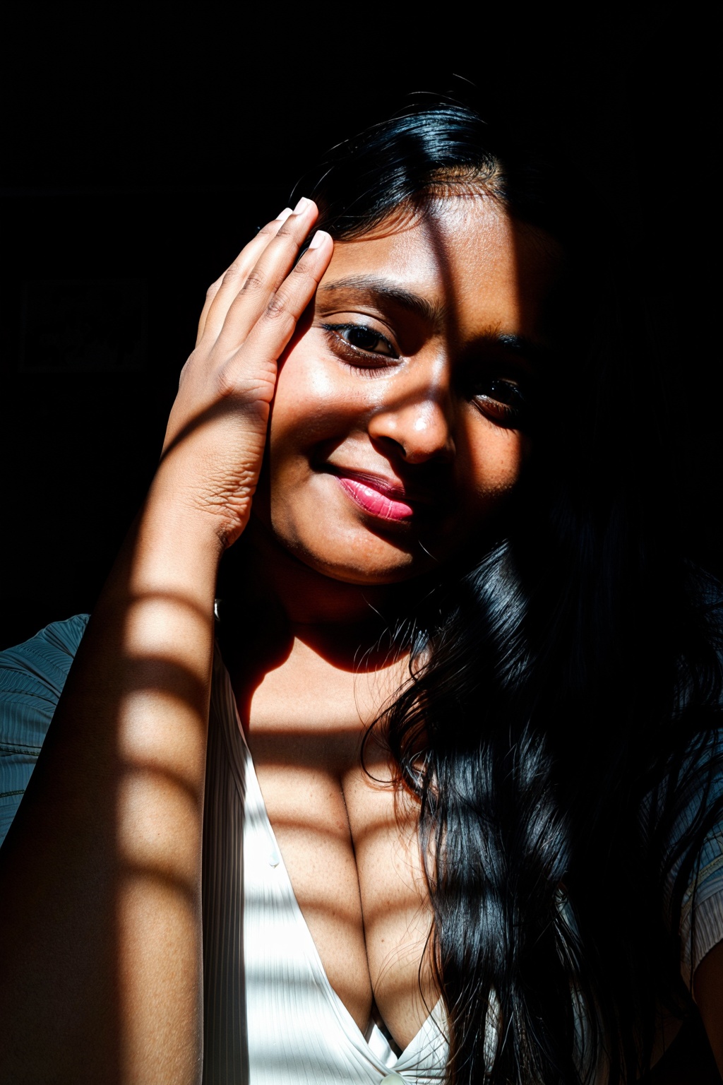Create a selfie of a 24-year-old Indian girl with medium-sized breasts,  long black hair,  lusty look on Tensor.Art
