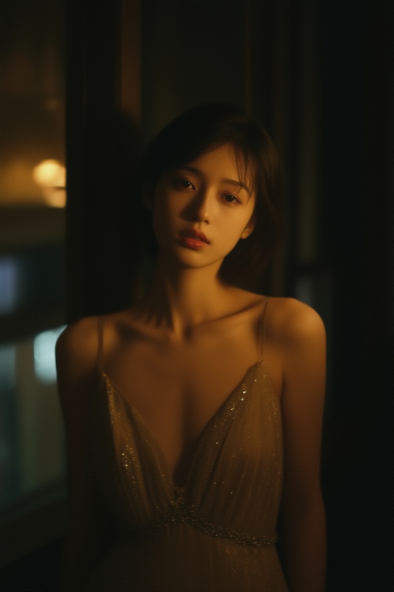 cinematic low-key interior night,  a young woman in evening dress,  short hair on Tensor.Art
