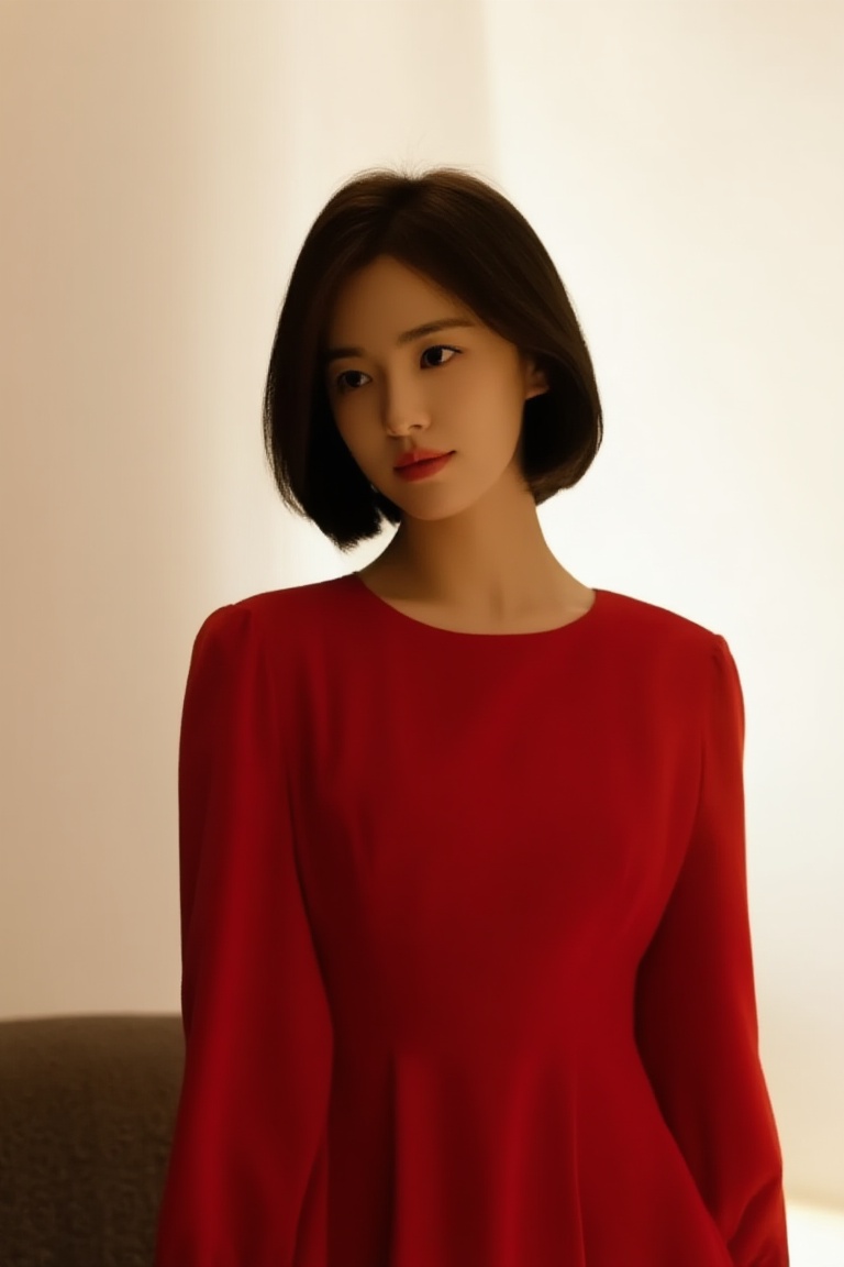 a young woman in red dress,  short hair,  centered upper-body portrait on Tensor.Art