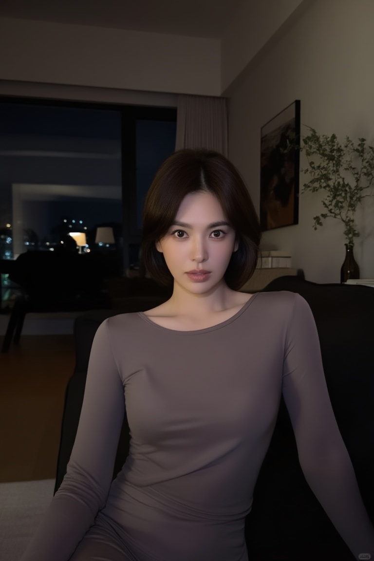 a beautiful young woman sitting on a couch in a dark living room at night,  detailed eyes,  short hair on Tensor.Art