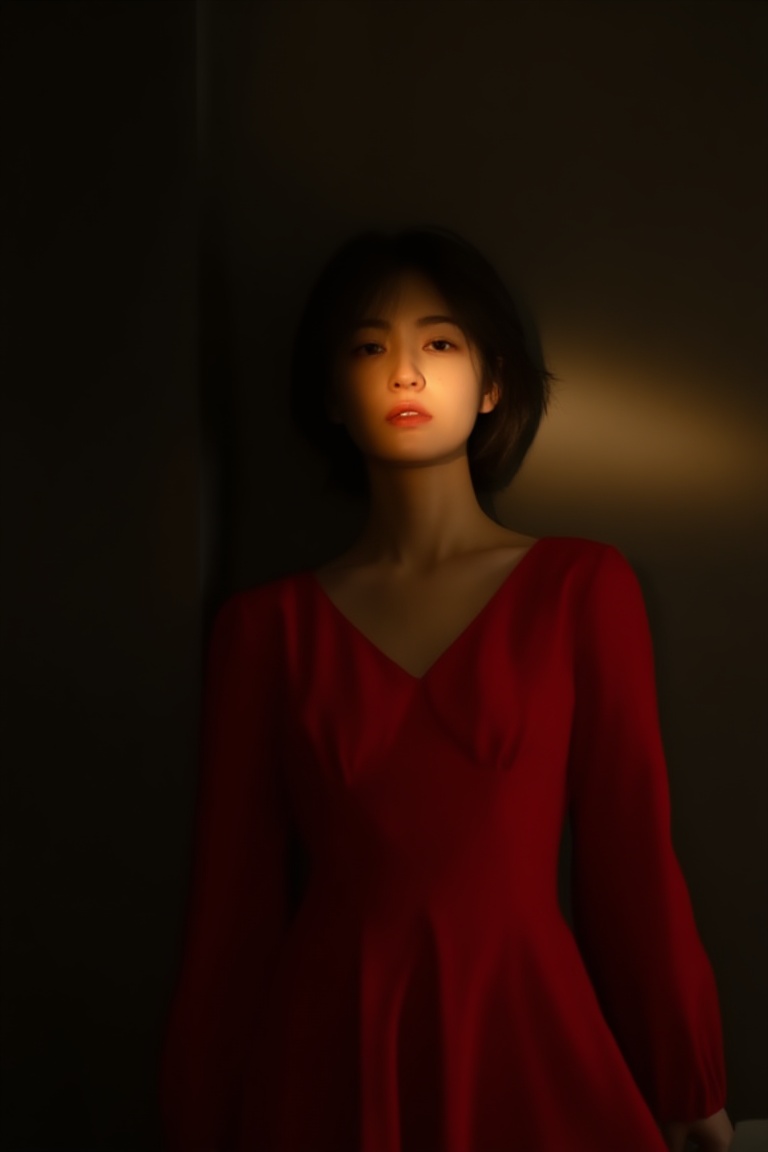 a young woman in red dress,  short hair,  centered upper-body portrait on Tensor.Art