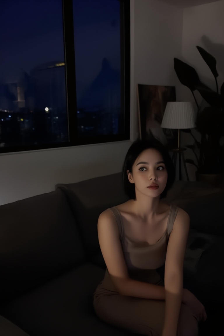 a beautiful young woman sitting on a couch in a dark living room at night,  detailed eyes,  short hair on Tensor.Art