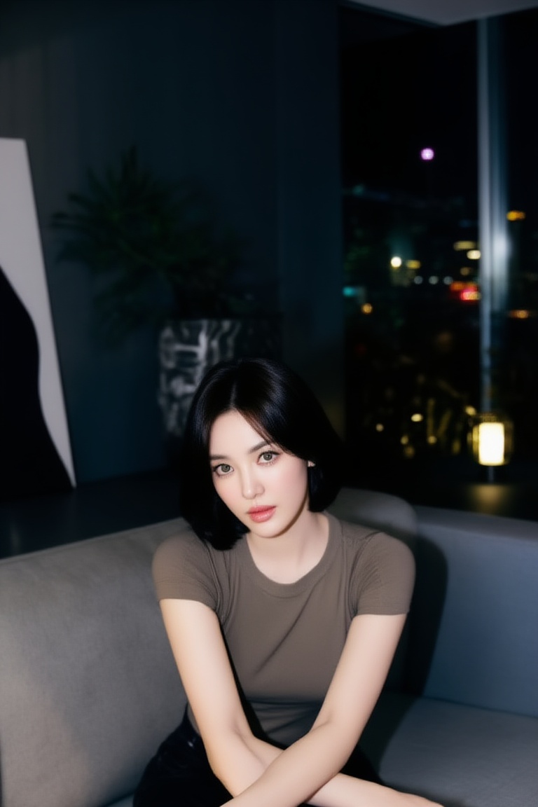 a beautiful young woman sitting on a couch in a dark living room at night,  detailed eyes,  short hair on Tensor.Art