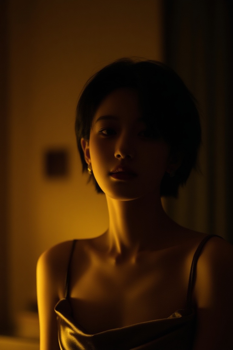 cinematic low-key interior night,  a young woman in evening dress,  short hair on Tensor.Art