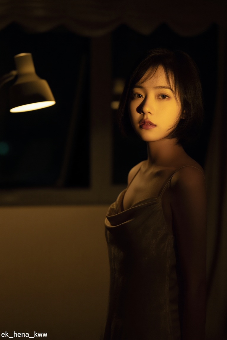 cinematic low-key interior night,  a young woman in evening dress,  short hair on Tensor.Art
