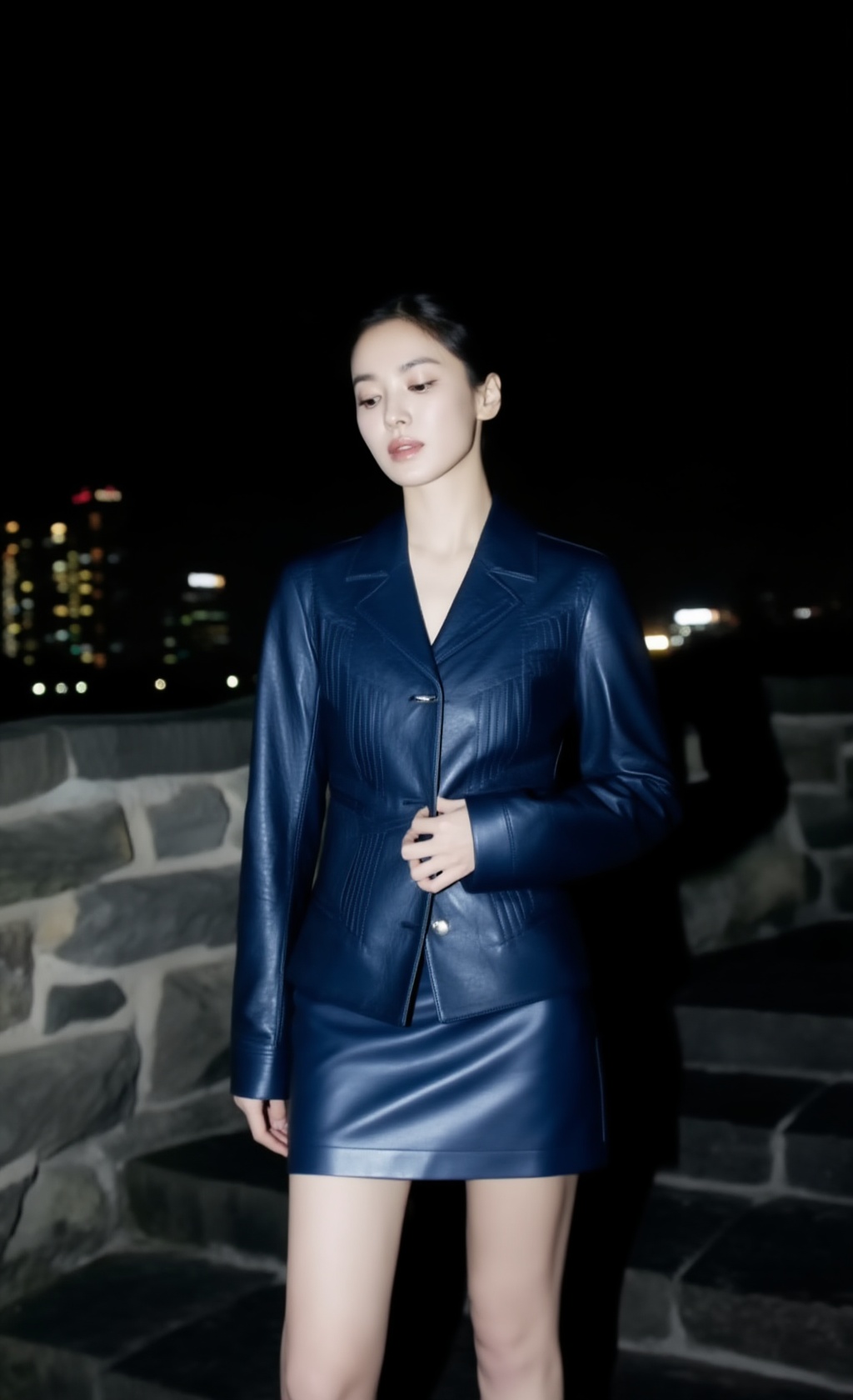 A realistic candid fashion portrait of a 20yo young woman at night in the city. Medium full-body framing,  slightly downwa...