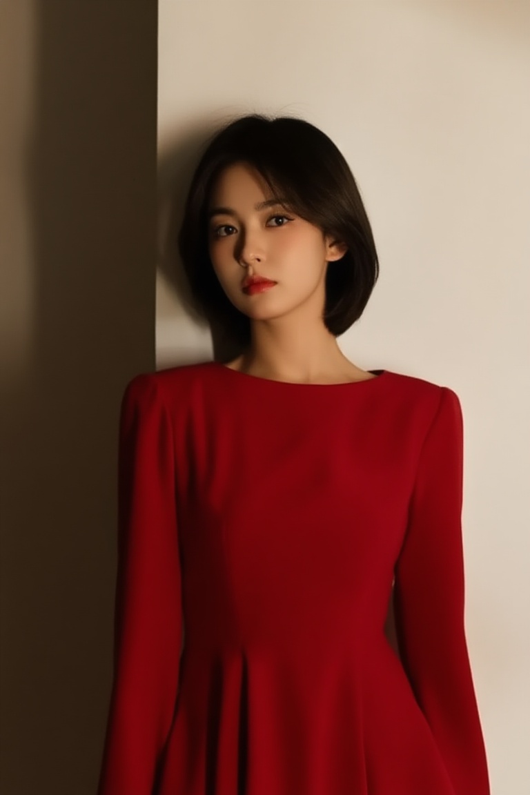 a young woman in red dress,  short hair,  centered upper-body portrait on Tensor.Art
