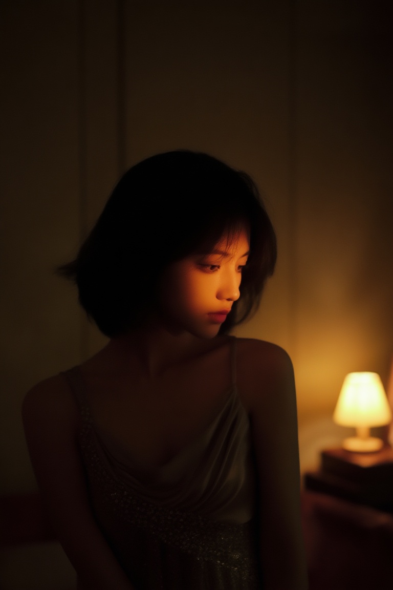 cinematic low-key interior night,  a young woman in evening dress,  short hair on Tensor.Art