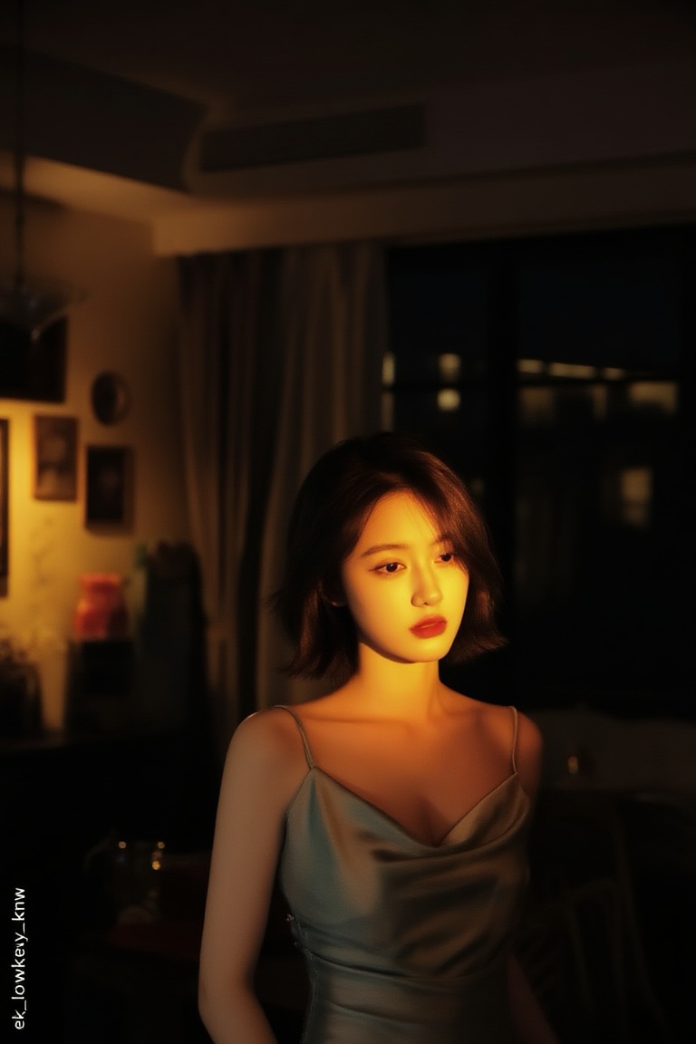 cinematic low-key interior night,  a young woman in evening dress,  short hair on Tensor.Art