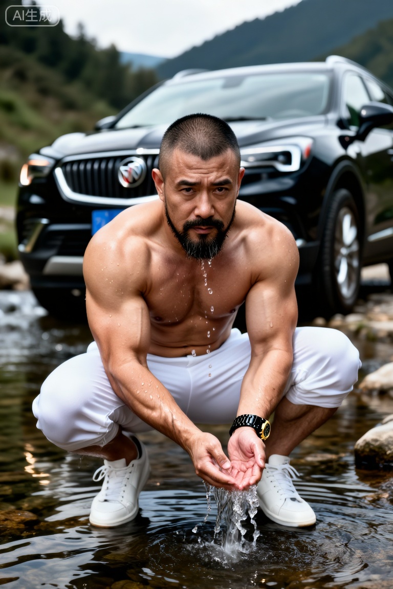 一位身材健硕的中年男性,寸头造型,留有胡须。他赤裸上身,肌肉线条明显且带有水珠,穿着白色长裤与白色板鞋,佩戴着一块黑金配色的手表。他蹲在山间溪流中,双手捧水,背景是一辆黑色的别克昂科威SUV,整体画面呈现出硬朗、野性且充满质感的户外氛围。