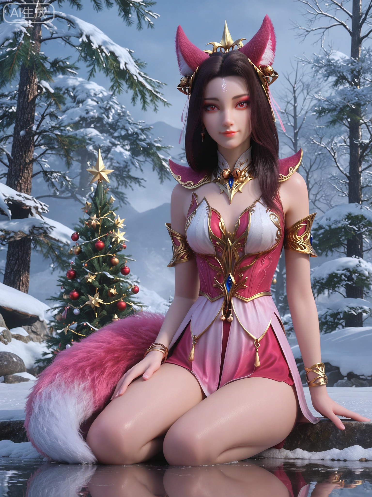 score_9,score_8_up,score_7_up,masterpiece,(best quality),(intricate details:0.9) BREAK (intricate details:0.9),(realistic skin:1.2),masterpiece,best quality,newest,absurdres,hiahres,1girl,jewelry,hair ornament,dress,necklace,lips,eyeshadow,bracelet,tassel,(8k ultra-clear, pony style),photo pose 0.6, micro-expression: soft smile 0.3, half-body + medium shot 0.7,1girl,looking_at_viewer,1boy,hair,realistic,photorealistic,Vivid Colors,bright environment,shiny skin,shiny hairjewelry,detail eyes,Eyes highlights,glowing,sunshine,bright,reflection,bright,sunshine on face,shiny,shinny,petite,thin,leg slimming,lose weight,slim hips,lakeside,delicate water,reflection,(full body:0.8)sitting_down,eyelashes,snow,Winter,Snowy landscape,Snow accumulation,Christmas tree,fox ears,red_eyes,fox tail,forehead mark,
