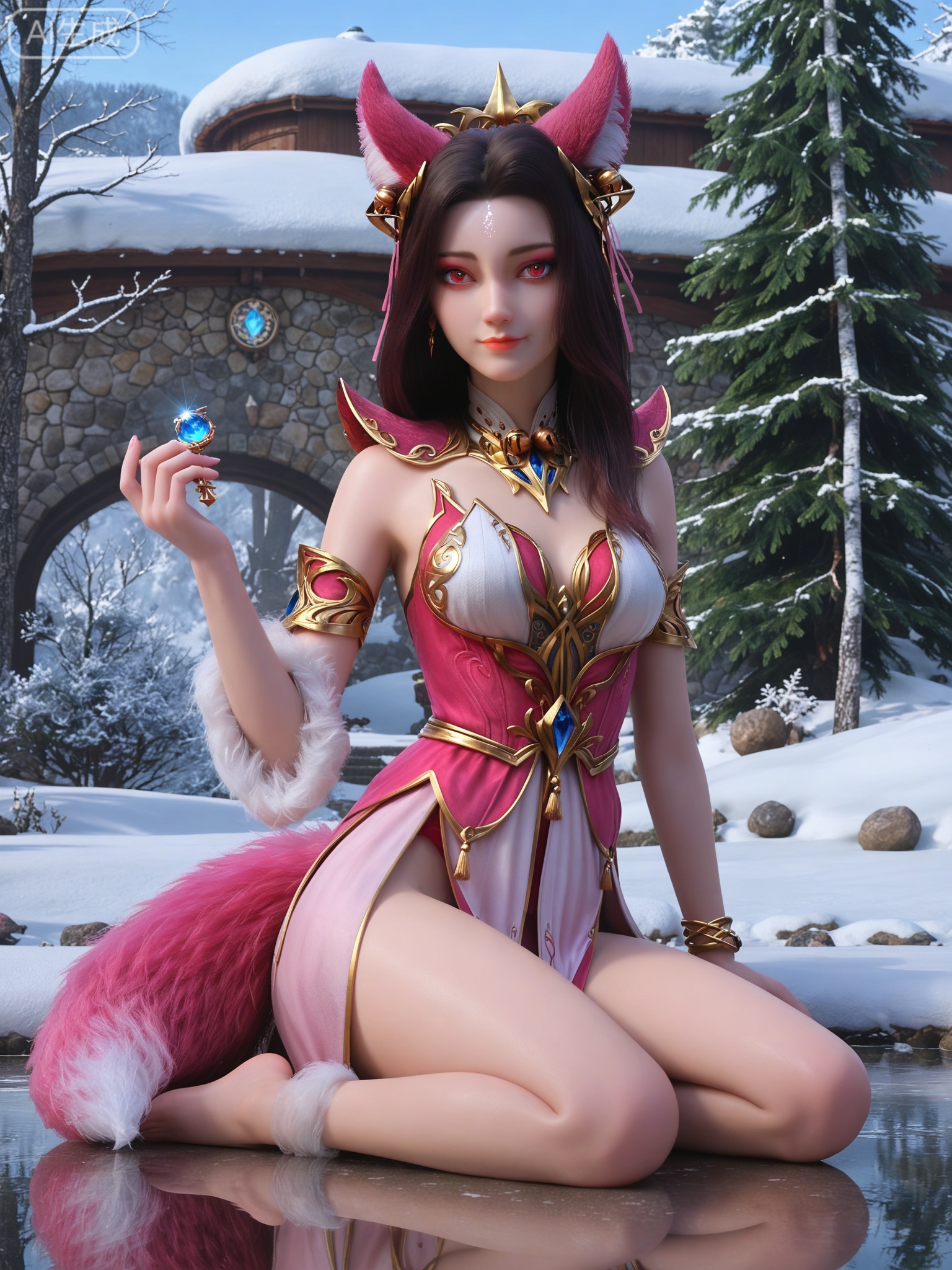 score_9,score_8_up,score_7_up,masterpiece,(best quality),(intricate details:0.9) BREAK (intricate details:0.9),(realistic skin:1.2),masterpiece,best quality,newest,absurdres,hiahres,1girl,jewelry,hair ornament,dress,necklace,lips,eyeshadow,bracelet,tassel,(8k ultra-clear, pony style),photo pose 0.6, micro-expression: soft smile 0.3, half-body + medium shot 0.7,1girl,looking_at_viewer,1boy,hair,realistic,photorealistic,Vivid Colors,bright environment,shiny skin,shiny hairjewelry,detail eyes,Eyes highlights,glowing,sunshine,bright,reflection,bright,sunshine on face,shiny,shinny,petite,thin,leg slimming,lose weight,slim hips,lakeside,delicate water,reflection,(full body:0.9)sitting_down,eyelashes,snow,Winter,Snowy landscape,Snow accumulation,Christmas tree,fox ears,red_eyes,fox tail,forehead mark,
