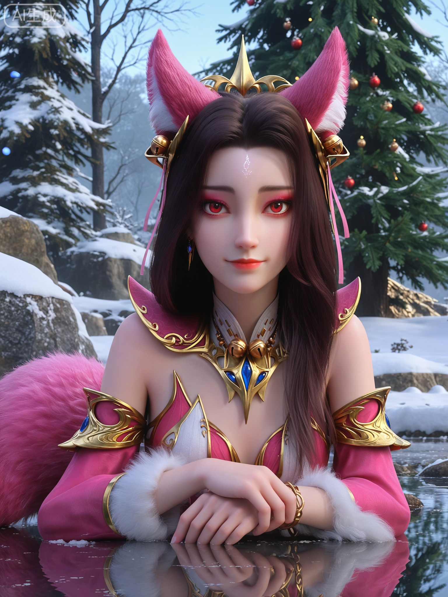 score_9,score_8_up,score_7_up,masterpiece,(best quality),(intricate details:0.9) BREAK (intricate details:0.9),(realistic skin:1.2),masterpiece,best quality,newest,absurdres,hiahres,1girl,jewelry,hair ornament,dress,necklace,lips,eyeshadow,bracelet,tassel,(8k ultra-clear, pony style),photo pose 0.6, micro-expression: soft smile 0.3, half-body + medium shot 0.7,1girl,looking_at_viewer,1boy,hair,realistic,photorealistic,Vivid Colors,bright environment,shiny skin,shiny hairjewelry,detail eyes,Eyes highlights,glowing,sunshine,bright,reflection,bright,sunshine on face,shiny,shinny,petite,thin,leg slimming,lose weight,slim hips,lakeside,delicate water,reflection,(full body:0.8)sitting_down,eyelashes,snow,Winter,Snowy landscape,Snow accumulation,Christmas tree,fox ears,red_eyes,fox tail,forehead mark,
