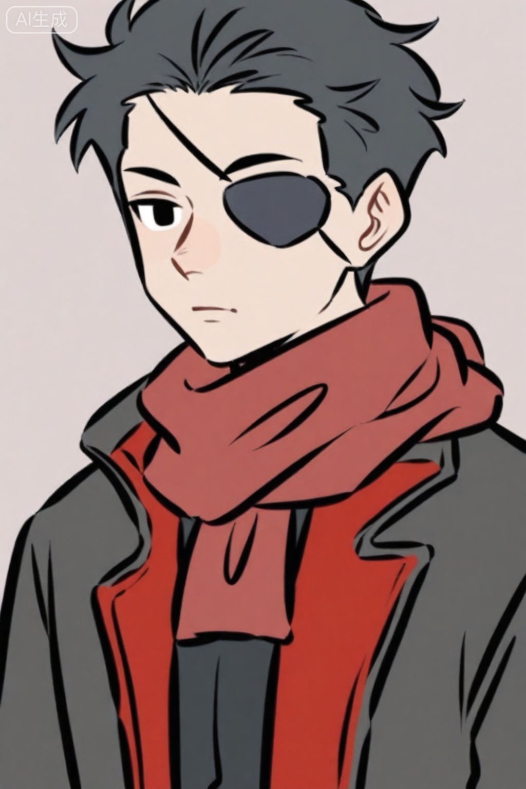1boy,solo, short hair, simple background, shirt, black hair, jacket, upper body, male focus, scarf, black eyes, black jacket, eyepatch, meme, red scarf, grey jacket