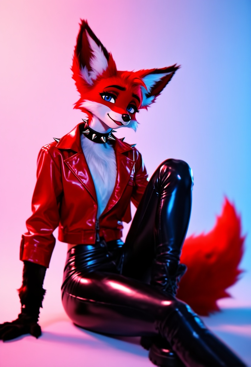 misty-style ,  anthropomorphic female fox with large red and white ears,  sitting with a relaxed posture. The fox has blue...