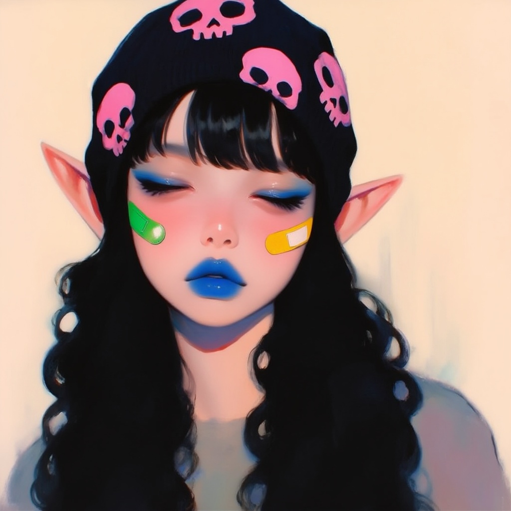 misty-style oil painting ,  young japanese elf woman with long,  wavy black hair. She wears a black beanie with pink skull...