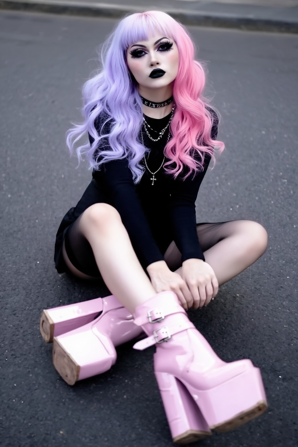 Ultra-detailed hyper-realistic alternative fashion portrait of a pastel-goth woman seated on an empty asphalt street,  ful...