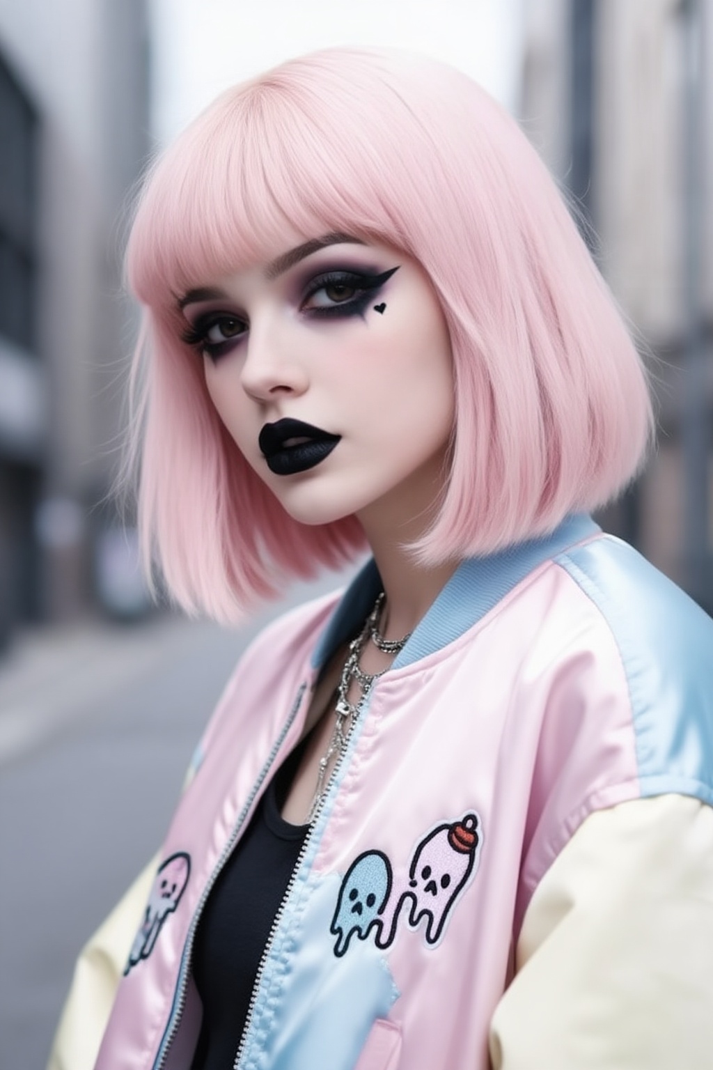 Ultra-detailed hyper-realistic fashion portrait of a 25yo pastel-goth woman standing in an urban environment,  mid-torso f...