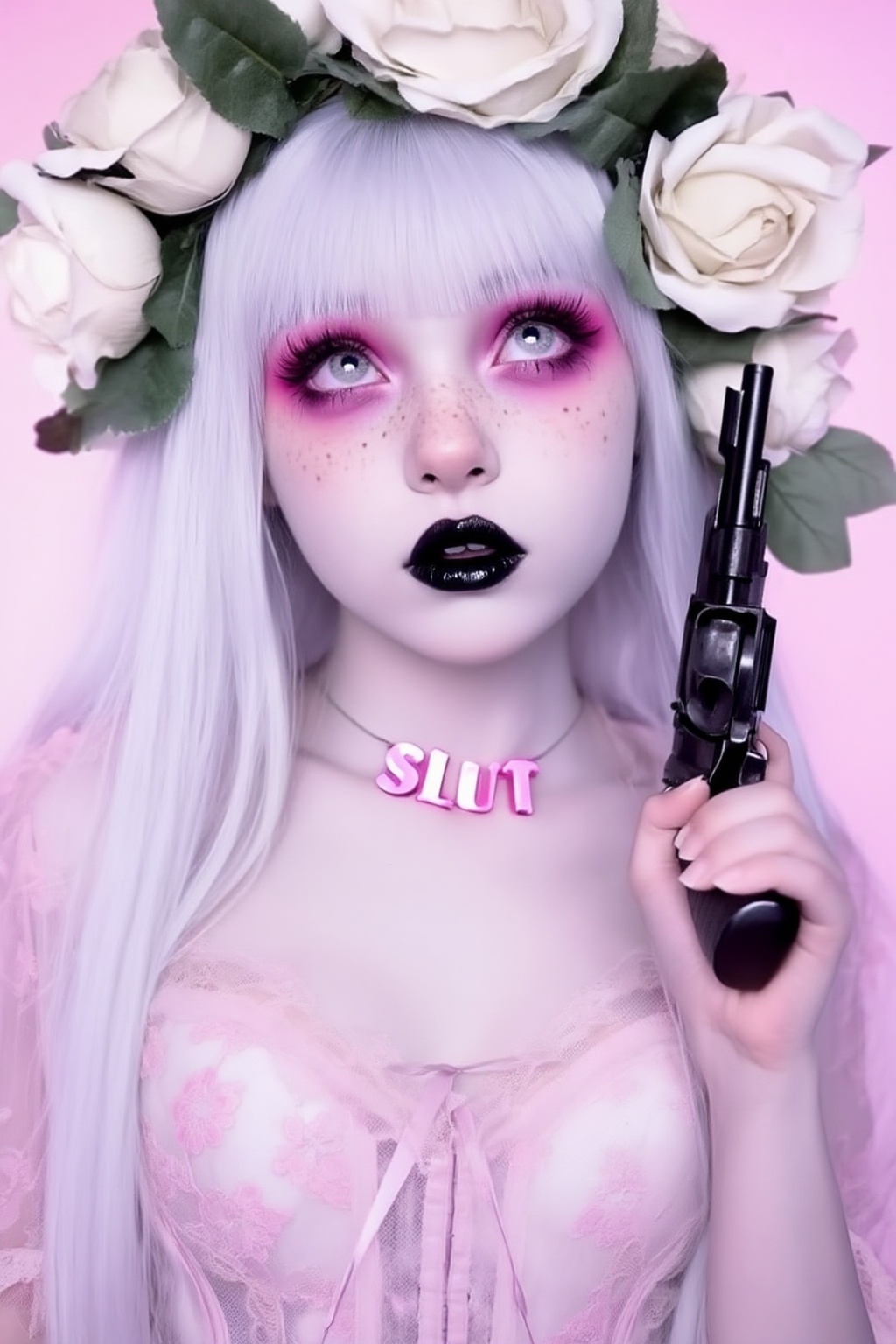Hyper-detailed hyper-realistic pastel–goth portrait of an ethereal alternative woman in a controlled studio environment,...