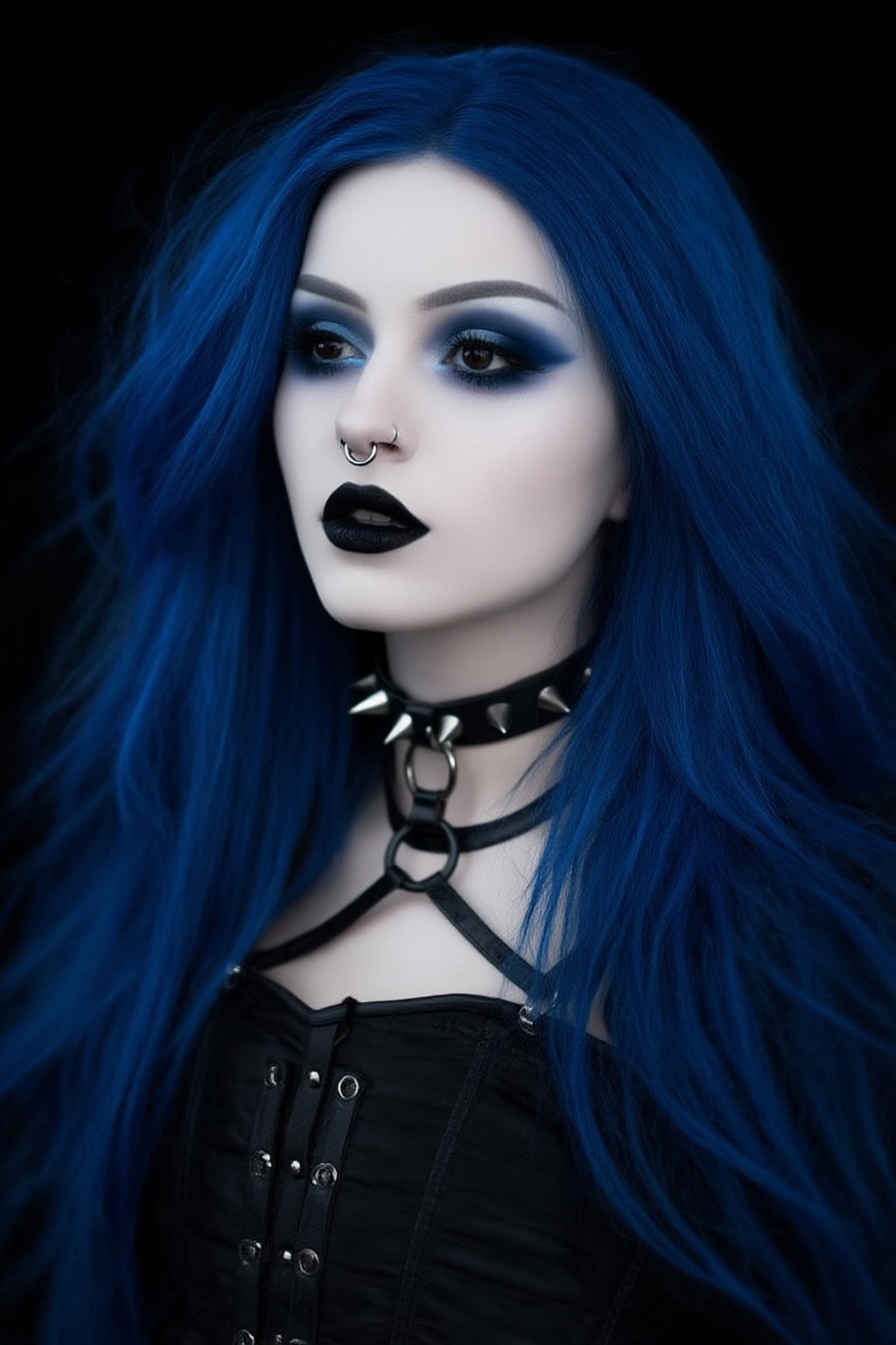 Ultra-detailed hyper-realistic gothic portrait of an alternative woman in a dark studio environment,  close-up to medium f...