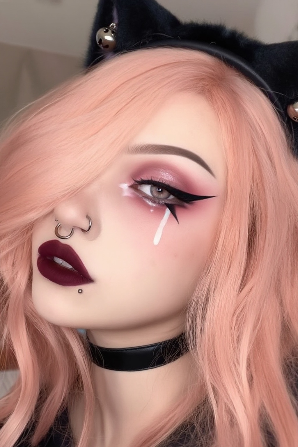 Ultra-detailed hyper-realistic close-up portrait of an alternative gothic-kawaii woman,  tight head-and-shoulders framing,...