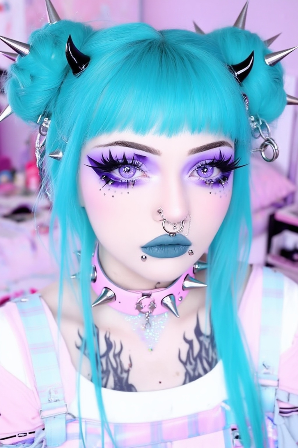 Hyper-detailed hyper-realistic cyber–pastel goth portrait of an alternative woman with a synthetic-doll aesthetic,  close-...