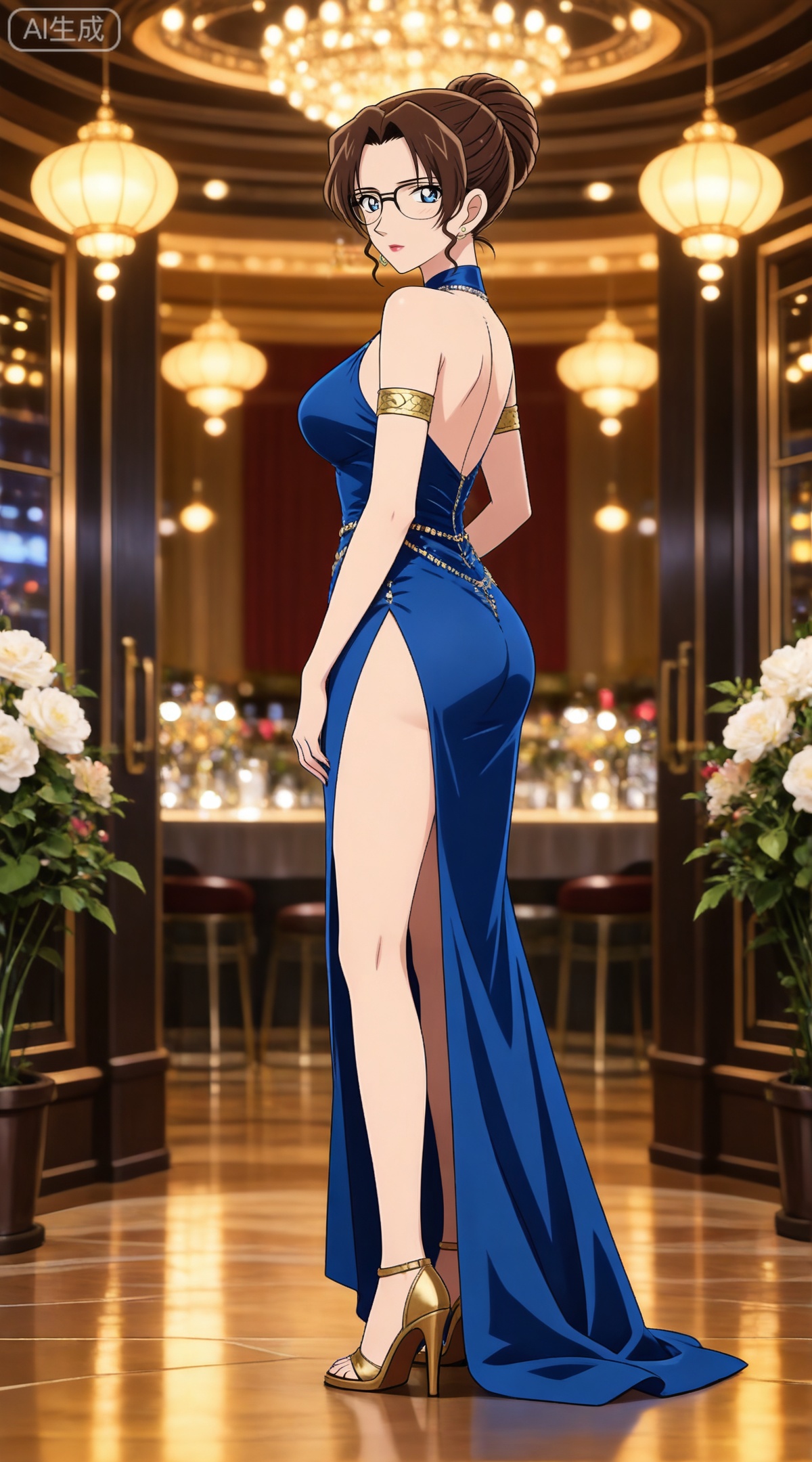 depth of field,masterpiece,best quality,very aesthetic,alternate costume,alternate costume,2024,2023,perfect composition,ultra-detailed,extreme aesthetic,masterpiece,best quality,good quality,newest,year 2024,year 2023,very aesthetic,absurdres,looking_at_viewer,colorful,
brown hair,blue eyes,glasses,hair bun,single hair bun,lipstick,makeup,large breasts,
1girl,dress,solo,high heels,blue dress,jewelry,breasts,full body,earrings,backless dress,standing,from side,legs,backless outfit,bare shoulders,ass,looking at viewer,armlet,sandals,bare legs,side slit,
