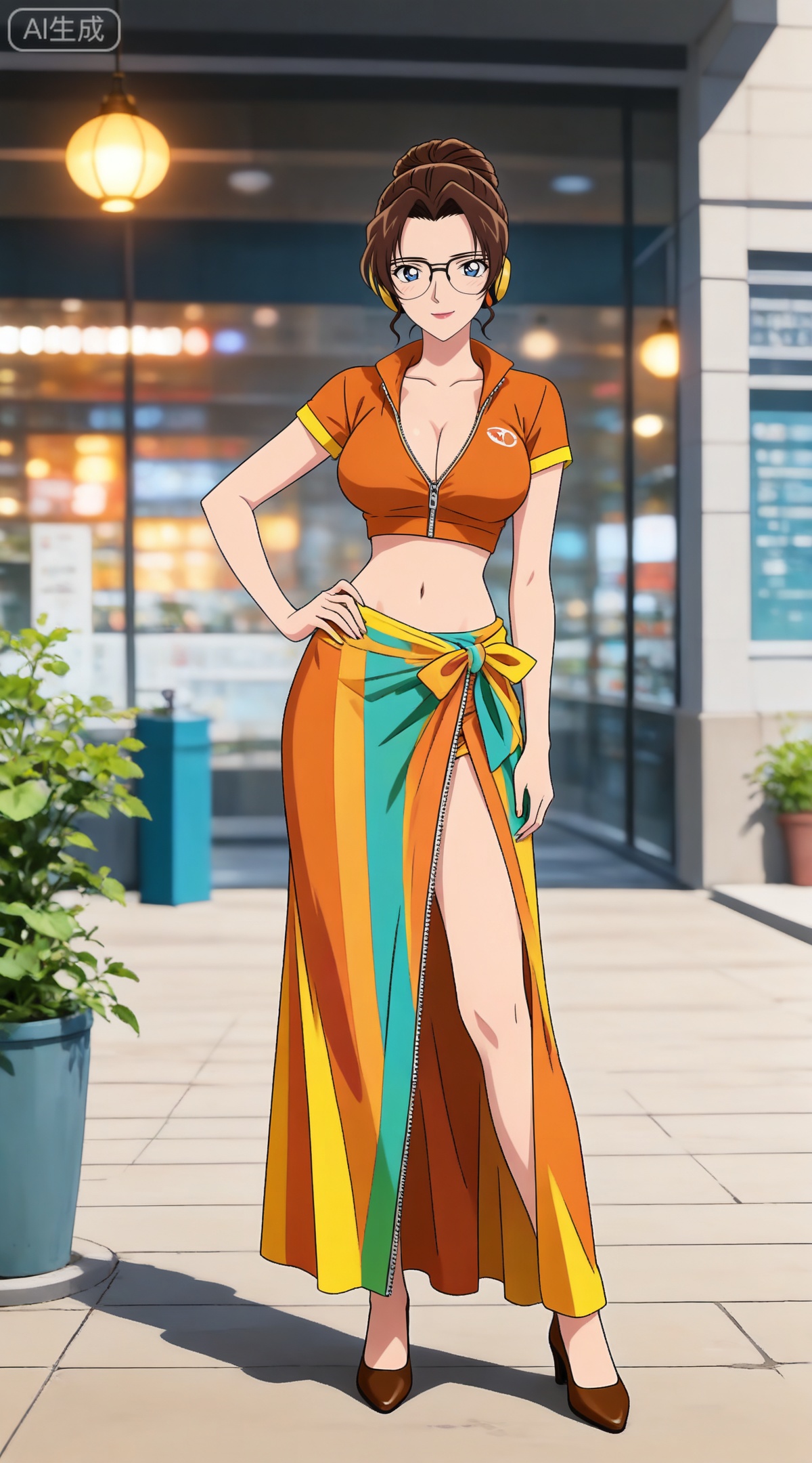 depth of field,masterpiece,best quality,very aesthetic,alternate costume,alternate costume,2024,2023,perfect composition,ultra-detailed,extreme aesthetic,masterpiece,best quality,good quality,newest,year 2024,year 2023,very aesthetic,absurdres,looking_at_viewer,colorful,
brown hair,blue eyes,glasses,hair bun,single hair bun,lipstick,makeup,large breasts,
1girl,solo,breasts,crop top,cleavage,midriff,full body,zipper,navel,hand on own hip,sarong,large breasts,hair slicked back,holding,short sleeves,smile,looking at viewer,partially unzipped,standing,long hair,zipper pull tab,headphones,