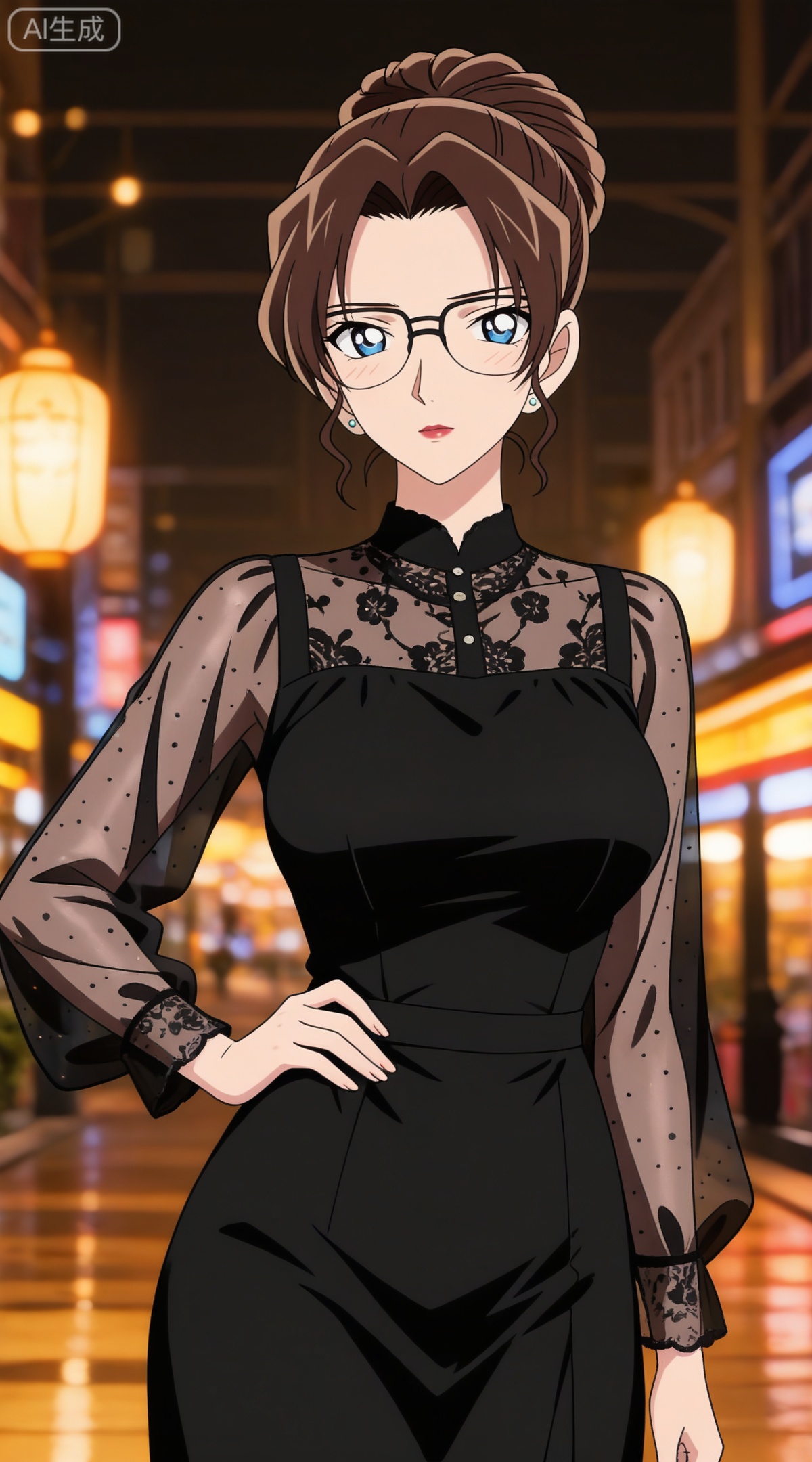 depth of field,masterpiece,best quality,very aesthetic,alternate costume,alternate costume,2024,2023,perfect composition,ultra-detailed,extreme aesthetic,masterpiece,best quality,good quality,newest,year 2024,year 2023,very aesthetic,absurdres,looking_at_viewer,colorful,
brown hair,blue eyes,glasses,hair bun,single hair bun,lipstick,makeup,large breasts,
1girl,solo,jewelry,earrings,see-through,dress,upper body,black dress,hand on own hip,breasts,see-through sleeves, 
