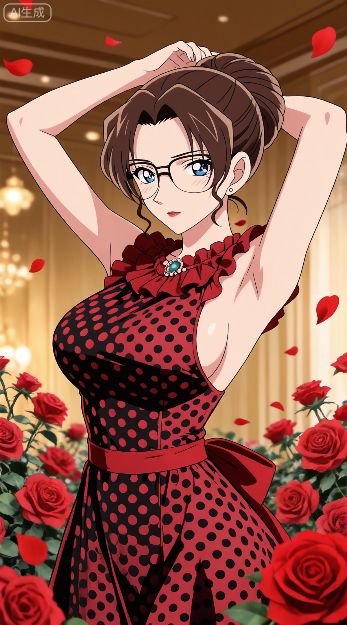 depth of field,masterpiece,best quality,very aesthetic,alternate costume,alternate costume,2024,2023,perfect composition,ultra-detailed,extreme aesthetic,masterpiece,best quality,good quality,newest,year 2024,year 2023,very aesthetic,absurdres,looking_at_viewer,colorful,
brown hair,blue eyes,glasses,hair bun,single hair bun,lipstick,makeup,large breasts,
1girl, breasts, solo, polka dot, flower, dress, rose, polka dot dress, large breasts, red flower, armpits, petals, red rose, arms up, sideboob, sleeveless, frills, rose petals,
