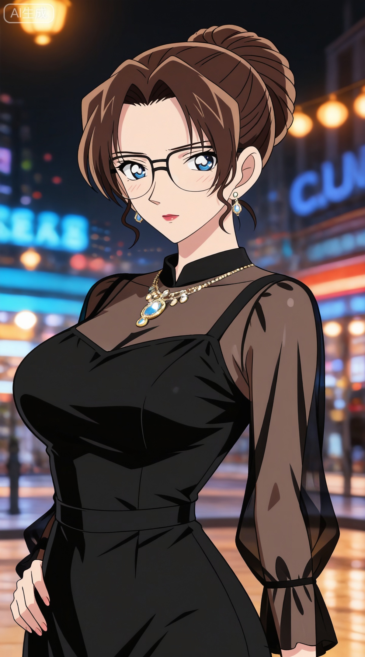 depth of field,masterpiece,best quality,very aesthetic,alternate costume,alternate costume,2024,2023,perfect composition,ultra-detailed,extreme aesthetic,masterpiece,best quality,good quality,newest,year 2024,year 2023,very aesthetic,absurdres,looking_at_viewer,colorful,
brown hair,blue eyes,glasses,hair bun,single hair bun,lipstick,makeup,large breasts,
1girl,solo,jewelry,earrings,see-through,dress,upper body,black dress,hand on own hip,breasts,see-through sleeves, 
