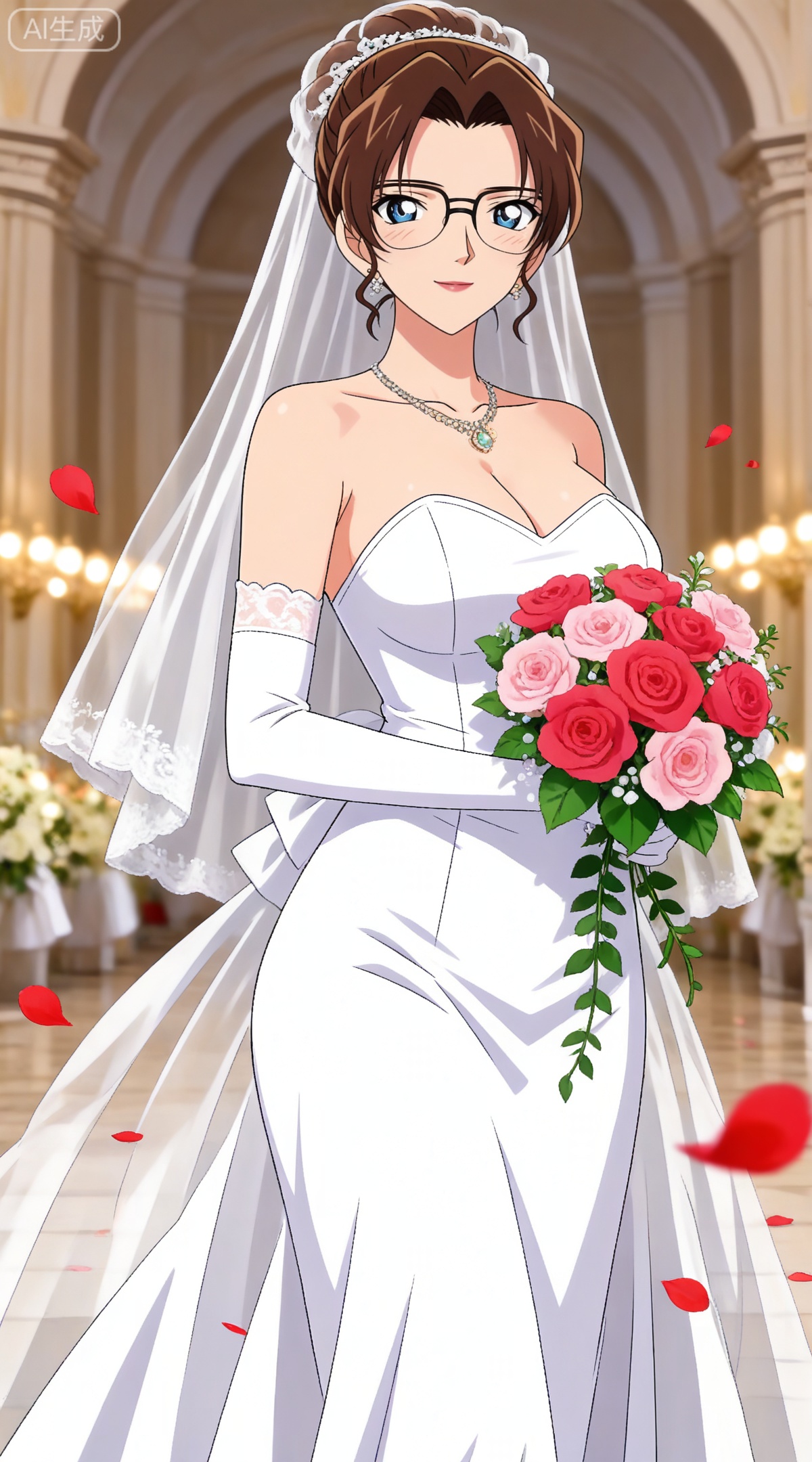 depth of field,masterpiece,best quality,very aesthetic,alternate costume,alternate costume,2024,2023,perfect composition,ultra-detailed,extreme aesthetic,masterpiece,best quality,good quality,newest,year 2024,year 2023,very aesthetic,absurdres,looking_at_viewer,colorful,
brown hair,blue eyes,glasses,hair bun,single hair bun,lipstick,makeup,large breasts,
1girl,breasts,dress,veil,flower,wedding dress,jewelry,cleavage,gloves,bridal veil,white dress,earrings,large breasts,strapless dress,strapless,white gloves,red flower,bouquet,elbow gloves,looking at viewer,solo,collarbone,rose,pink flower,necklace,smile,holding,petals,pink rose,holding bouquet,red rose,96,