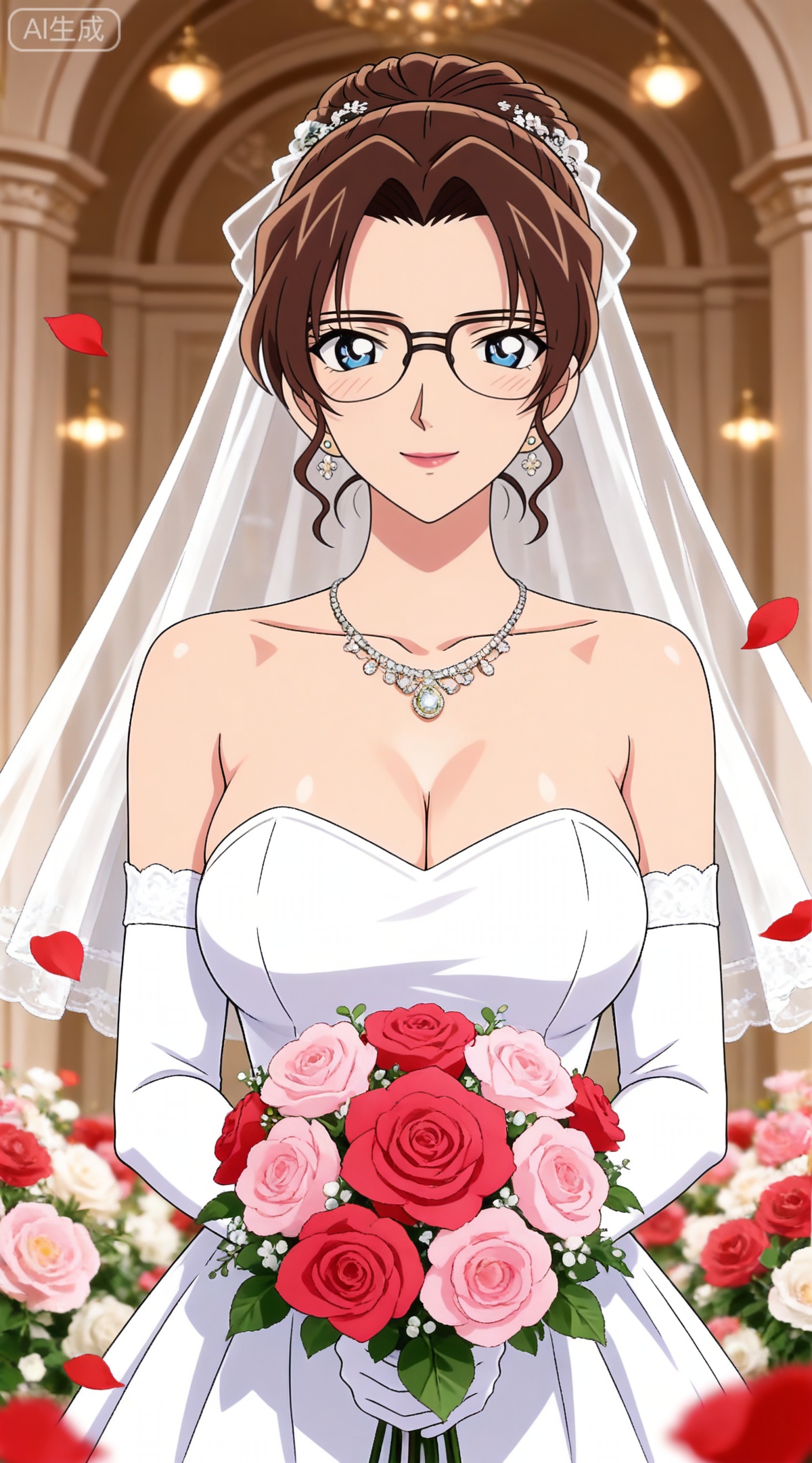 depth of field,masterpiece,best quality,very aesthetic,alternate costume,alternate costume,2024,2023,perfect composition,ultra-detailed,extreme aesthetic,masterpiece,best quality,good quality,newest,year 2024,year 2023,very aesthetic,absurdres,looking_at_viewer,colorful,
brown hair,blue eyes,glasses,hair bun,single hair bun,lipstick,makeup,large breasts,
1girl,breasts,dress,veil,flower,wedding dress,jewelry,cleavage,gloves,bridal veil,white dress,earrings,large breasts,strapless dress,strapless,white gloves,red flower,bouquet,elbow gloves,looking at viewer,solo,collarbone,rose,pink flower,necklace,smile,holding,petals,pink rose,holding bouquet,red rose,96,